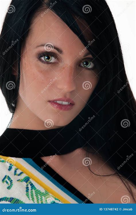Beautiful Brunette With Green Eyes Closeup Stock Photo Image Of Glamour People