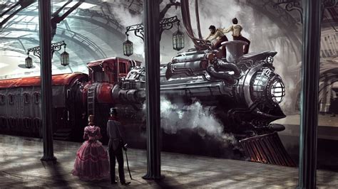 Train Steampunk Train Station Sci Fi Locomotive 1080P People HD