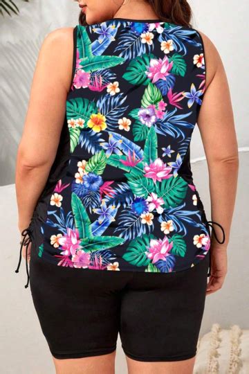 Plus Tropical Print Crisscross Drawstring Side Bikini Swimsuit