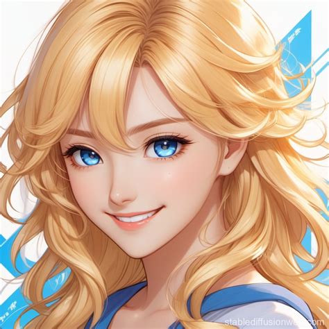 Manhwa Style Female Blonde Wavy Hair Smiling Lovingly Shy Blue Eyes