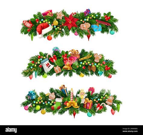 Christmas Fir Branches Vector Borders Of Xmas Tree Garlands With Green