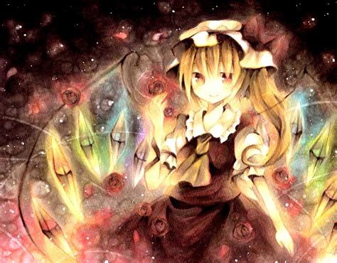 Blonde Hair Dress Flandre Scarlet Flowers Hat Polychromatic Red Eyes Rose Touhou Vampire Wings