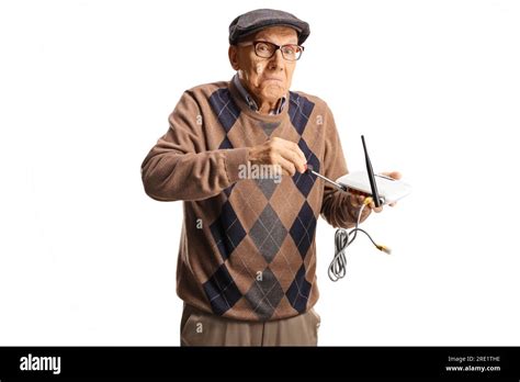 Funny Old Man Trying To Fix Router With A Screwdriver Isolated On White