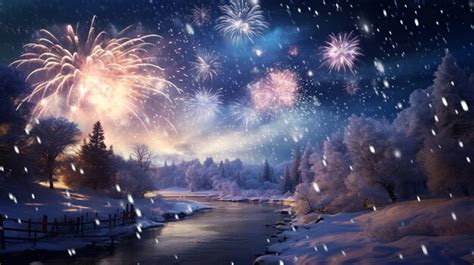 Premium Ai Image New Years Fireworks Over A Snowy Landscape