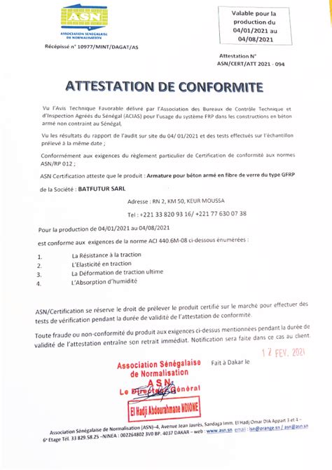 Attestation De Conformit Batfutur Sarl