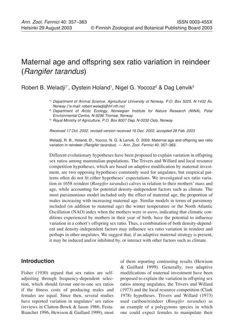 PDF Maternal Age And Offspring Sex Ratio Variation In Reindeer Rangifer Tarandus