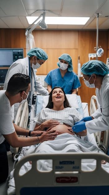 Emergency In The Hospital Woman Giving Birth Husband Holds Her Hand In Support Obstetricians Ass