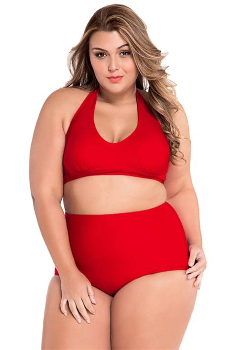 Swimwear Solid Red Halter High Waist Bikini Small To Plus Size Was