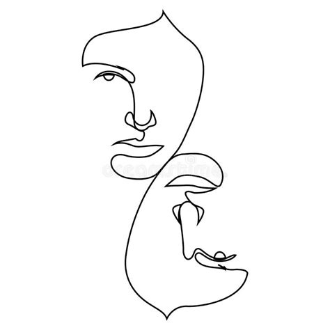 Abstract Graphic Drawing Two Faces Mirror Faces Continuous Line