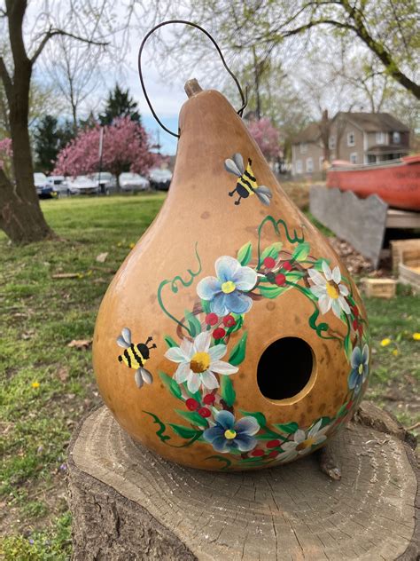 Natural Birdhouse Gourd Handpainted With Flowers And Bees Etsy