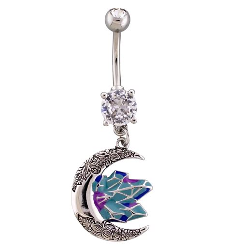 Floral Moon And Crystals Clear Cz Dangle Stainless Steel Belly Button