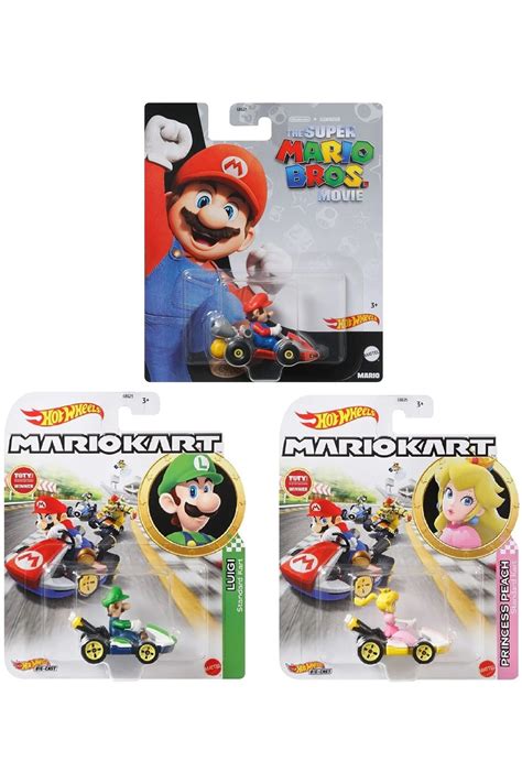 HOT WHEELS 3 lü Set Süper Mario Kart Movie Hotwheels Yeşil Mario Luigi Pembe Prenses Peach