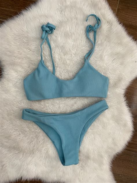 Ribbed Piece Swimsuit Bikini In Teal Women S Fashion Swimwear Bikinis Swimsuits On Carousell