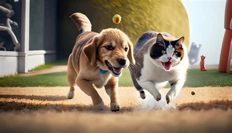 premium ai image  dog  cat  running   yard