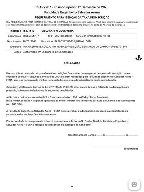 Requerimento para Isenção Da Taxa de Inscrição | PDF