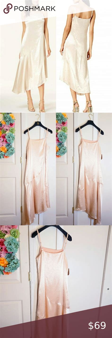 RACHEL ROY Dress Midi Asymmetrical Slip Dress Maxi Nude Satin Glossy