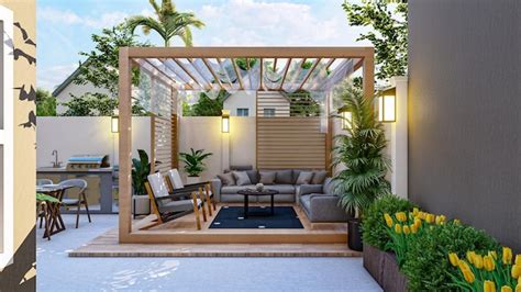 Pérgola moderna design e renderização de área de estar Foto Premium