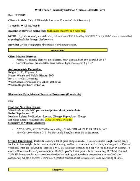 Nutrition Care Process Adime Chart Format 3