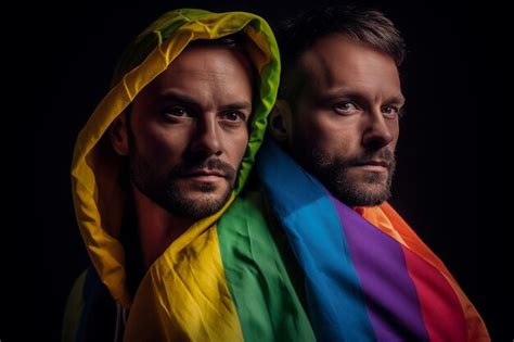 Foto Expresiva Del Orgullo De Una Pareja Gay Con Una Bandera Del Arco Iris Fondo De Pantalla Del