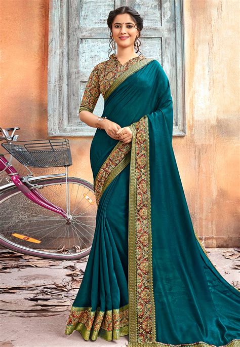 Teal Blue Chanderi Silk Saree With Blouse In Saree