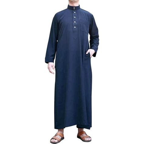 Qyuu Mens Saudi Arabic Thobe Jubba Dishdasha Long Sleeve Robe Ramadan