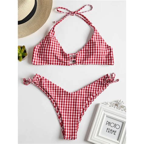 Zaful New Halter Plaid Bikini Set High Cut Bathing Suit Padded Swimsuit