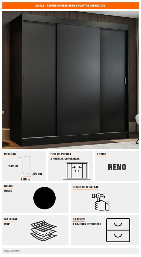 ROPERO MADESA RENO 3 PUERTAS CORREDIZAS | The Home Depot México