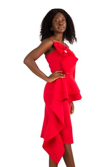 Off The Shoulder Ruffle Peplum Scuba Dress With Big Flower Detail Red