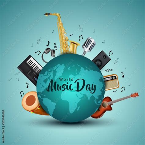 music day worldhappy world music day and musical instruments with blue ...