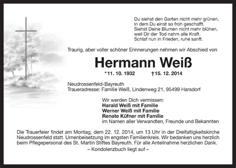 Traueranzeigen Von Hermann Wei Nordbayerischer Kurier