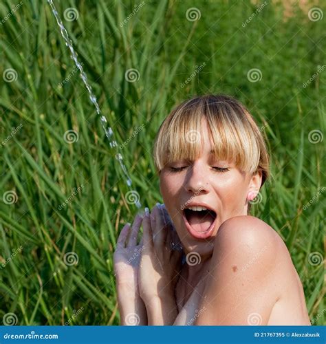 Blonde Takes Shower Outdoors Stock Image Image Of Outdoors Spring 21767395