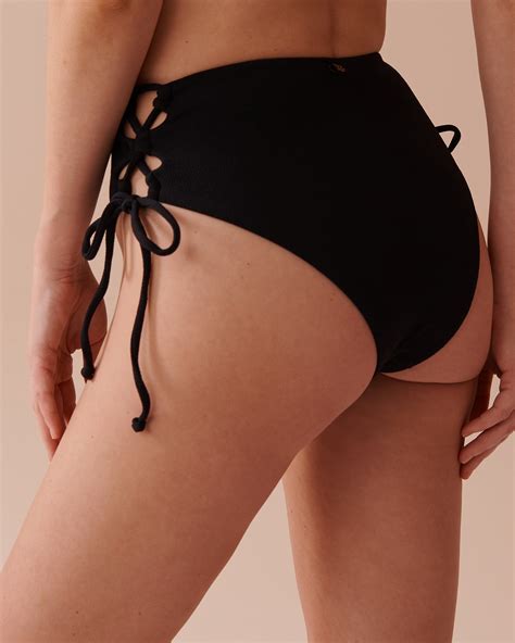 SOLID Recycled Fibers Lace Up High Waist Cheeky Bikini Bottom Black