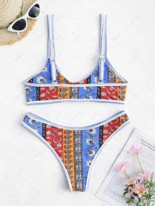 Zaful Bohemian Floral Whip Stitching Underboob Bikini Swimwear In Multi