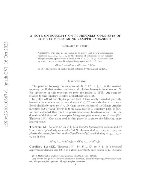 PDF A NOTE ON EQUALITY ON PLURIFINELY OPEN SETS OF SOME COMPLEX MONGE