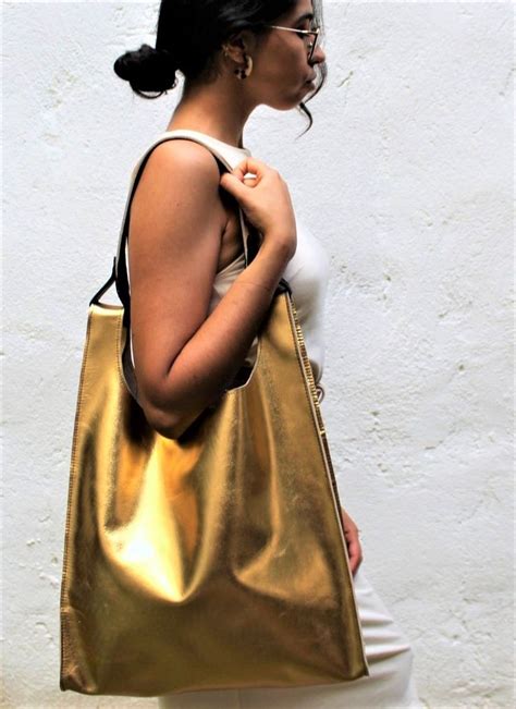 Gold Leather Shoulder Bag Metallic Leather Tote Bag Shiny Etsy In