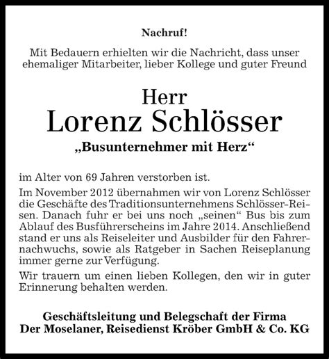 Traueranzeigen Von Lorenz Schl Sser Rz Trauer De