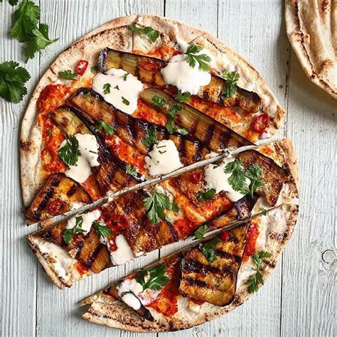 Harissa Grilled Eggplant Flatbread With Labneh And Roasted Red Pepper Sauce By Aichabouhlou