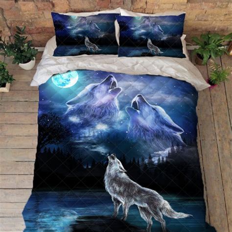 Wolf Quilt Bedding Set Native American Wolf Howling Dreamcatcher