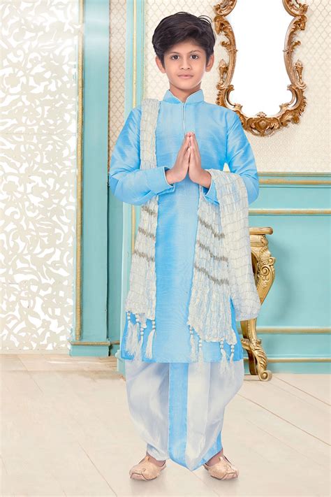 Solid Color Dupion Silk Kurta Set In Sky Blue Ucchal Fashion