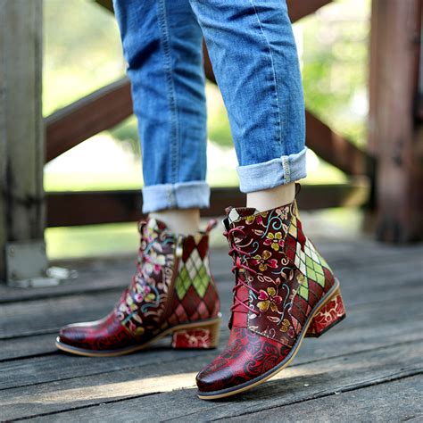 Socofy Vicconfy Genuine Leather Lace Up Cowboy Jacquard Colorblocking
