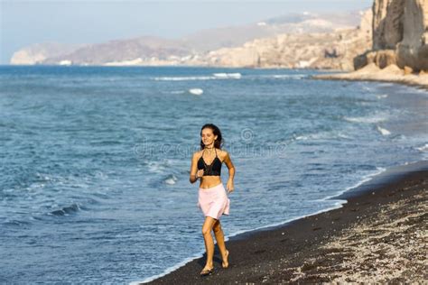 Beautiful Brunette Girl Running In The Beach At Summer Vacations Stock Image Image Of