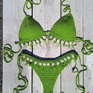 Crochet Bikini Set Lime Pistachio Green With Natural Seashellsseashells Can Be Made In Any
