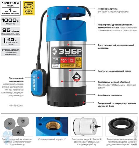 Насос погружной ЗУБР НПЧ-Т5-1000-С, 1000Вт, 95л/мин, напор 40 м, провод ...
