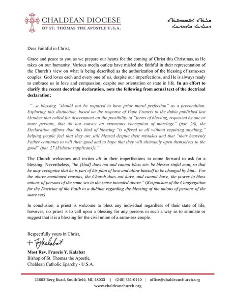 Message From Bishop Francis Kalabat Regarding Same Sex Blessings Chaldean Diocese Of St