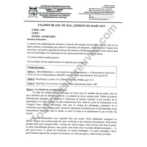 epreuve bac blanc  francais serie abcd departemental de atlantique