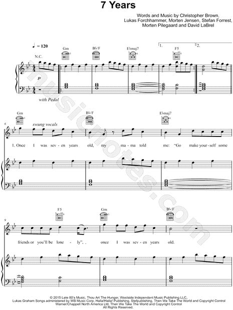 Lukas Graham 7 Years Sheet Music In G Minor Transposable Download And Print Sku Mn0157791