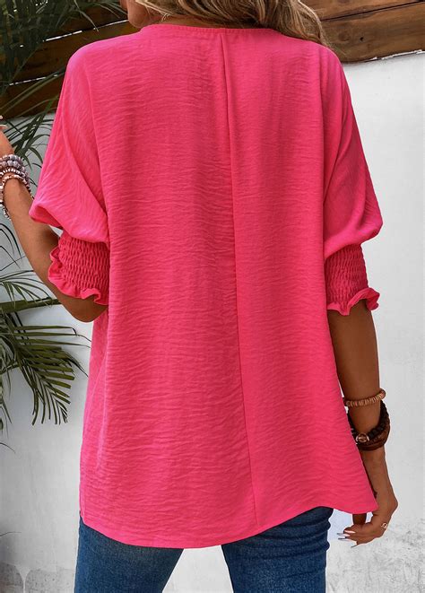 Hot Pink Round Neck Smocked T Shirt Rosewe USD