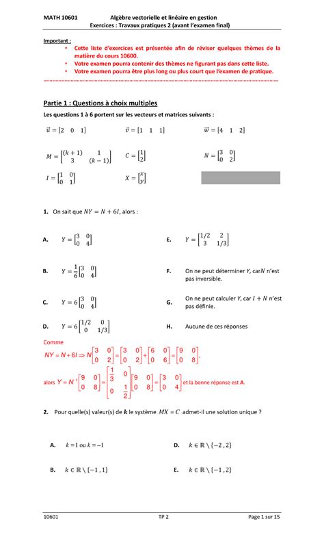 Corrigé Exercices Travaux pratiques 2 10601 MATH 10601 Algèbre