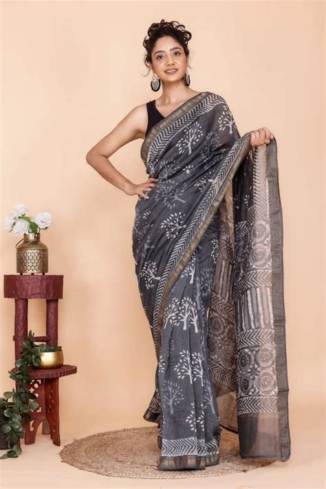 Hand Block Printed Maheshwari Silk Saree M With Blouse Piece At