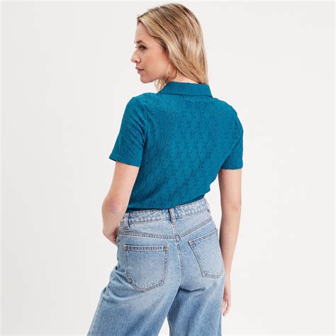 Polo Broderie Anglaise Bleu Canard Femme Vibs